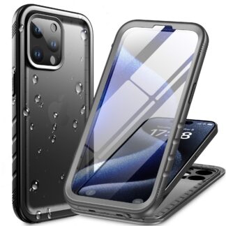 iPhone 15 Pro telefonikaaned, veekindel, põrutuskindel, täiskaitse, must