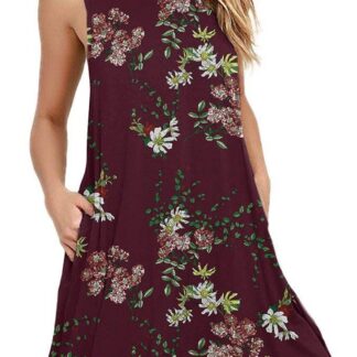 Taskutega varrukateta kleit, lilleline veinipunane (S)