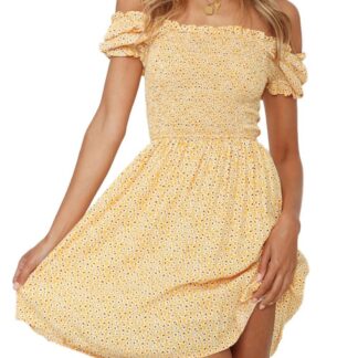 Naiste lilleline tuunikkleit, paljaste õlgadega, kollane (s. L)