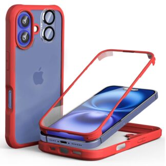 iPhone 16 telefonikaaned, 360° kaitsega, klaasist ekraanikaitsega, punane