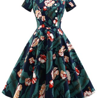 Naiste vintage kleit, tumesinine, lilleline (s. XS)