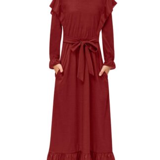 Pikkade varrukatega vööga kleit tüdrukutele, punane (s. 130)