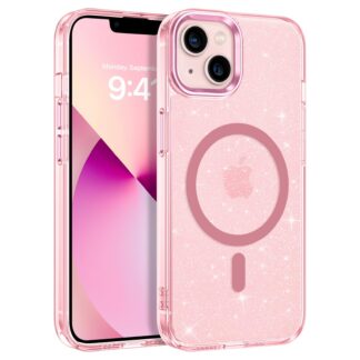 iPhone 13/14 telefonikaaned, MagSafe, läbipaistvad, roosa sädelusega