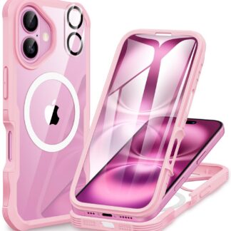 Telefonikaaned iPhone 16, magnetiline, 360-kraadine põrutuskindel kaitse, ekraani- ja kaamerakaitsega, roosa