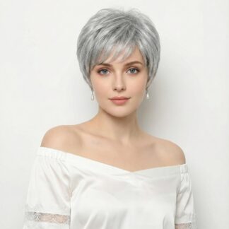 Hõbehall lühike parukas, kuumakindel, sünteetiline