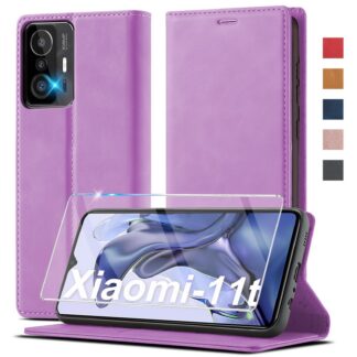 Nahast telefonikaaned Xiaomi 11T 5G/11T Pro 5G, ekraanikaitsega, must