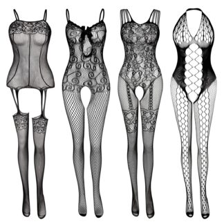 Naiste võrkkangast pesu pitsist sukkadega, must (4tk)