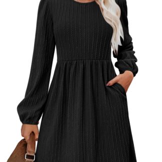 Naiste kootud kleit, A-lõikeline, pikkade varrukatega, must (s. XXL)