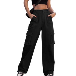 Naiste kargopüksid, laiad, kõrge vöökohaga, mustad (s. M)