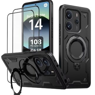 Xiaomi Redmi Note 14 telefonikaaned, põrutuskindel, rõngashoidjaga (2tk karastatud klaasiga), must