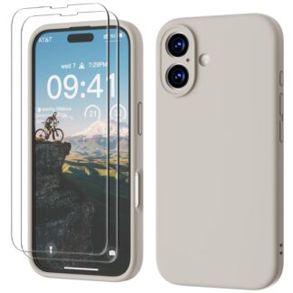 iPhone 16 telefonikaaned, 3-ühes, vedel silikoon, beež (2tk ekraanikaitseid)