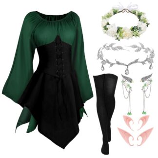 Naiste renessansskleit-haldjakleit, korsetiga, avatud õlgadega koos aksessuaaridega suurus M