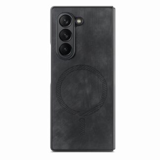 Samsung Z Fold 6 telefonikaaned, retro nahatekstuuriga, magnetilise laadimisrõngaga, must