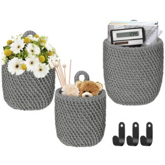 Punutud puuvillased seinakorvid, hall (3tk), koos konksudega