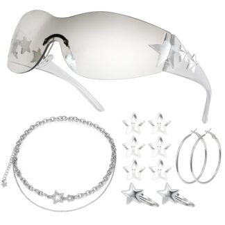 Y2K stiilis aksessuaaride komplekt - prillid, kaelakett, kõrvarõngad, juukseklambrid, juukselõksud