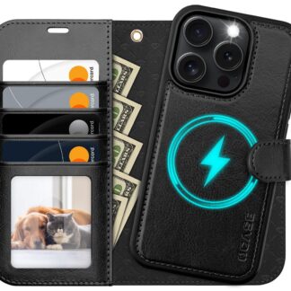 iPhone 16 Pro Max telefonikaaned, must, nahast, 2-ühes, põrutuskindel, eemaldatav, kaardipesaga, tugijalaga, RFID-kaitsega