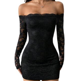 Pitsiline paljaste õlgadega minikleit, must (XS)