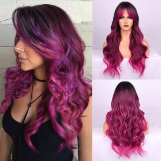 Pikade lokkis juustega parukas, roosa-musta üleminekuga