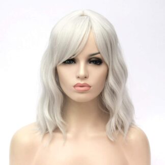 Lühike laineline parukas tukkaga, hõbehall