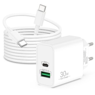 USB-C kiirlaadija ja kaabel, 2-pordiga (200cm, 30W)
