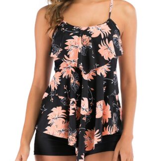 Kaheosaline tankini pükstega, must, lilleline (s. XXL)