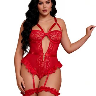 Pitsiline push-up bodi pesukomplekt naistele, punane (s. 3XL-4XL)