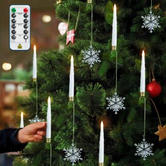 LED kuuseküünlad lumehelbega, puldiga, värelev valgus (12tk)